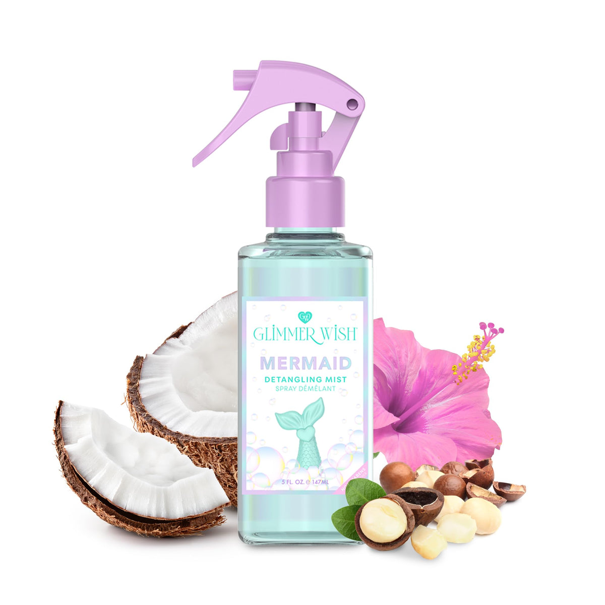 Glimmer Wish front bottle view showing playful mermaid packaging and travel benefit
