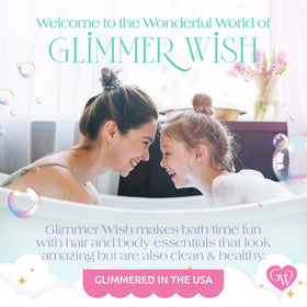 Glimmer Wish label showing recycled plastic symbol and ingredient claims for green choices