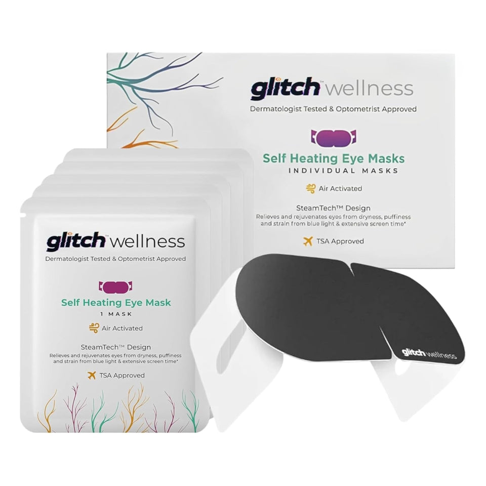 Glitch front packaging showing disposable steam eye masks and benefits