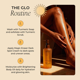 Glo Melanin on bathroom shelf lifestyle scene showing daily routine convenience and aesthetic appeal