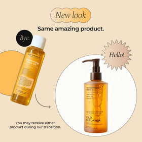 Glo Melanin with coffee beans and turmeric root indicating soothing antioxidants and natural actives