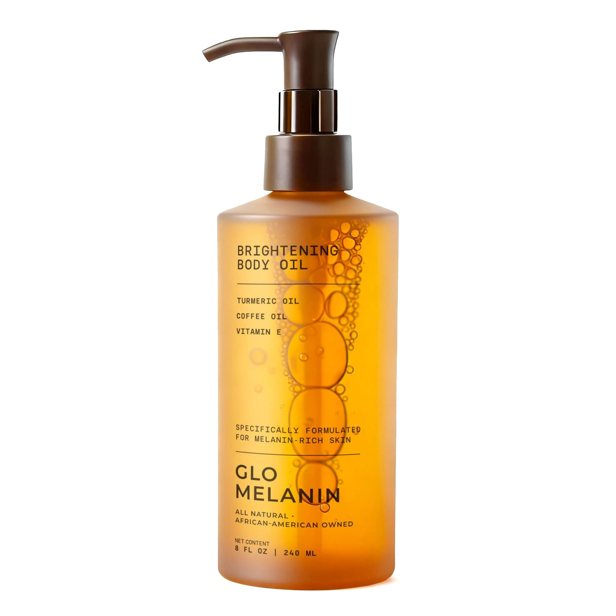 Glo Melanin front bottle showing packaging and 8 oz size benefit: clear branding and product capacity