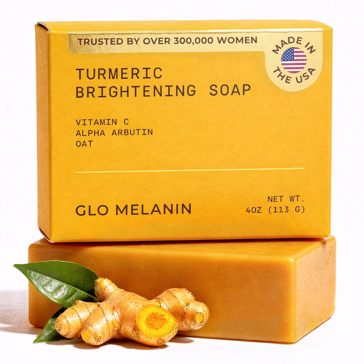 Glo Melanin front packaging showing natural turmeric soap benefits