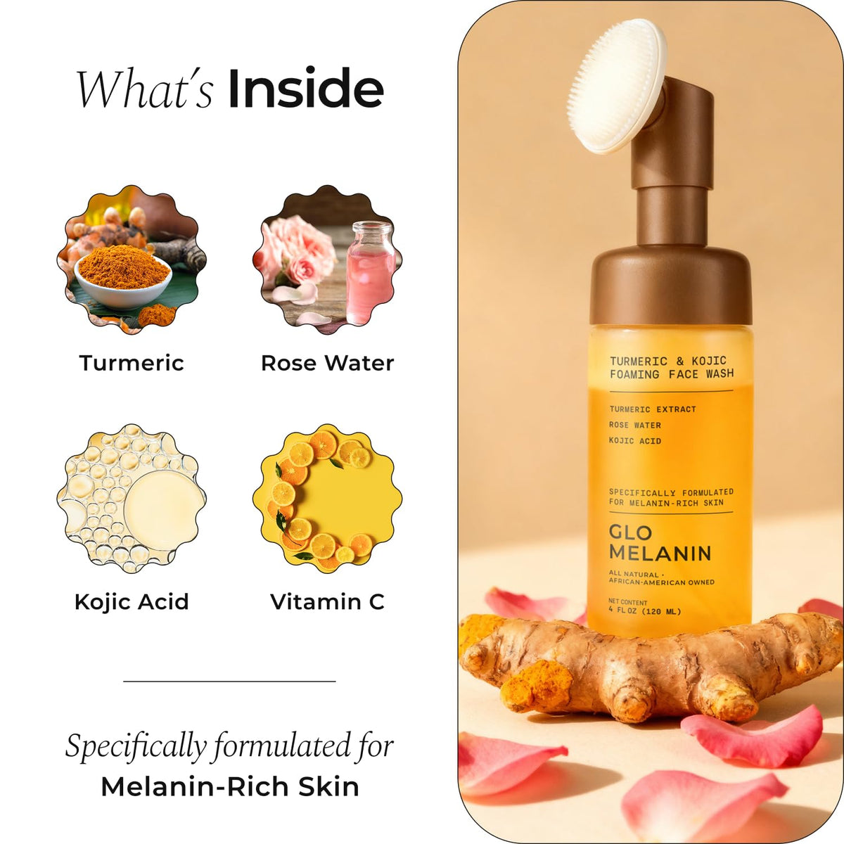 Glo Melanin turmeric ingredient visual highlighting antioxidant brightening support