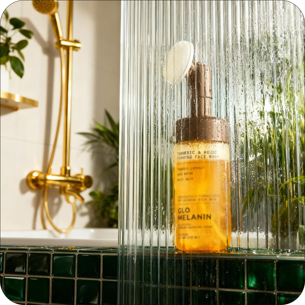 Glo Melanin product beside rose water and aloe illustrating soothing hydration
