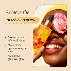 Glo Melanin dropper dispensing oil illustrating controlled, mess-free use
