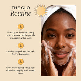 Glo Melanin soap next to fresh turmeric root showing botanical sourcing