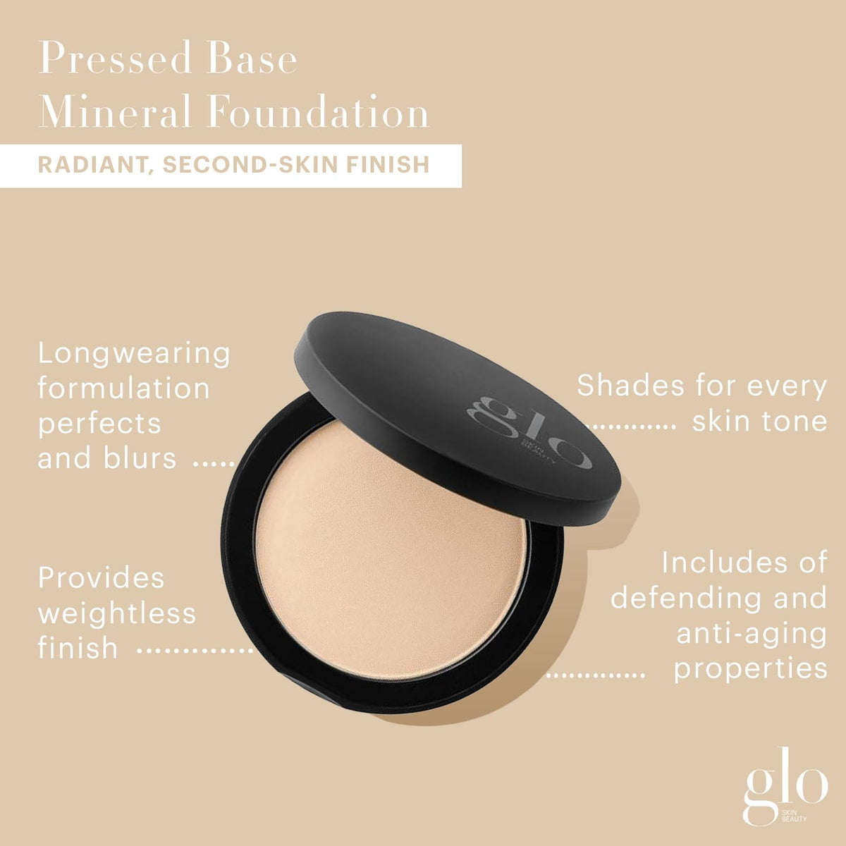Glo Skin Beauty compact opened to reveal pressed powder pan for easy touch-ups
