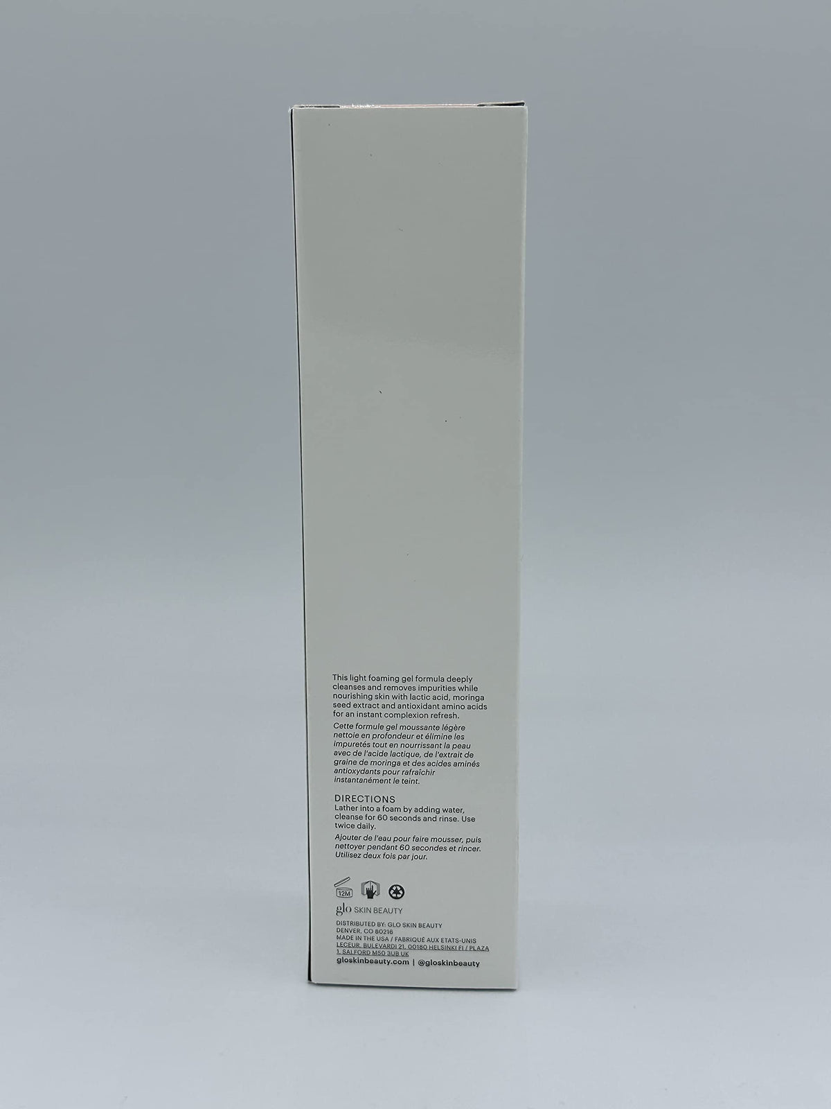 Glo Skin Beauty label ingredients close-up indicating gentle, hydrating actives