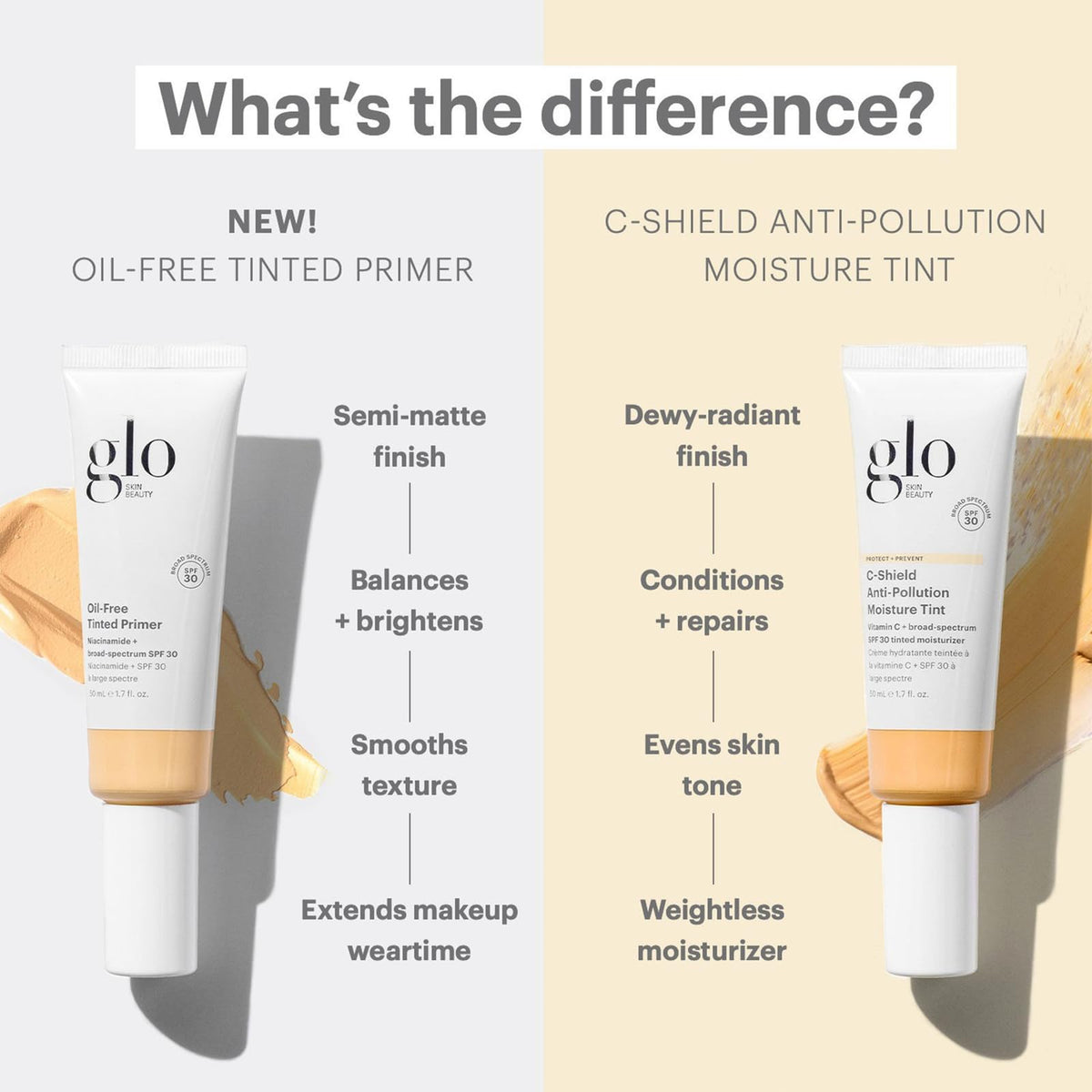 Glo Skin Beauty label close-up listing niacinamide, vitamin C and SPF benefits