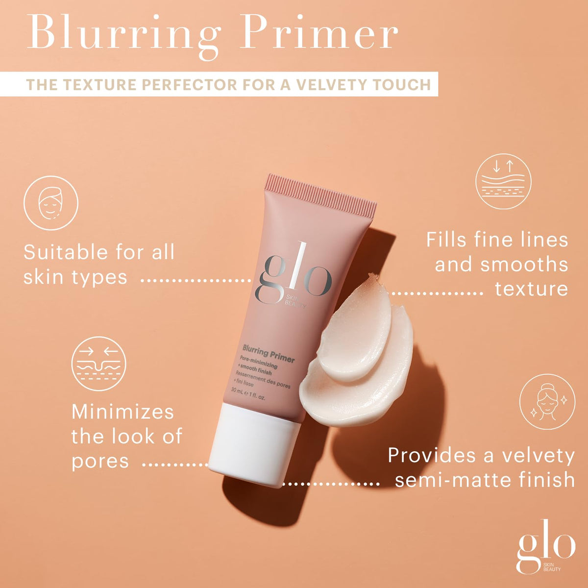 Glo Skin Beauty primer pump dispensing product emphasizing clean, mess-free application