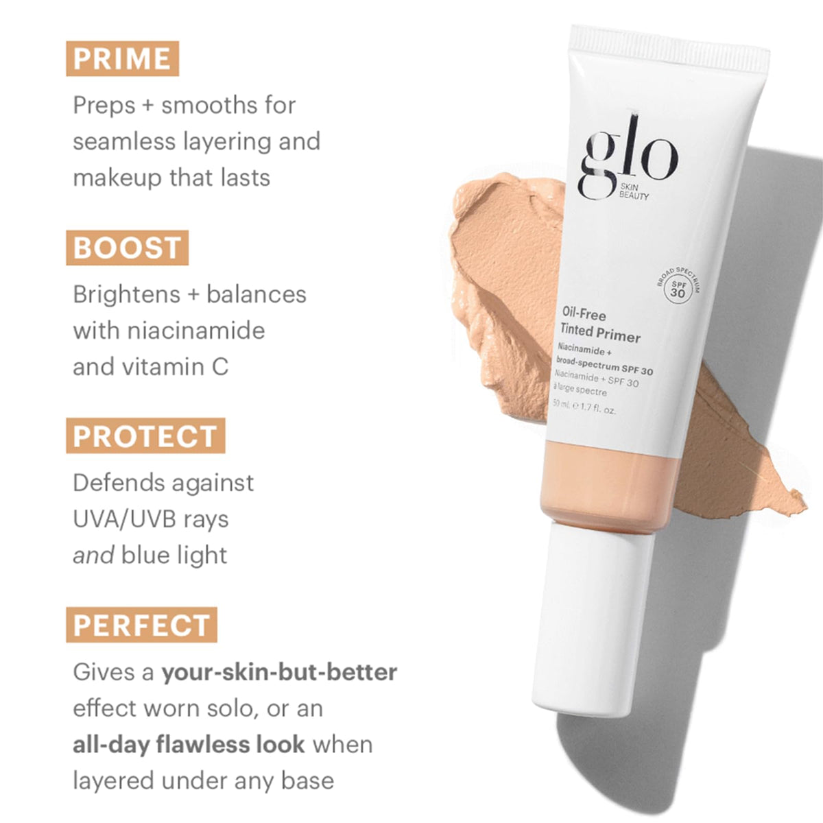 Glo Skin Beauty primer pump dispensing product illustrating easy one-to-two pump use