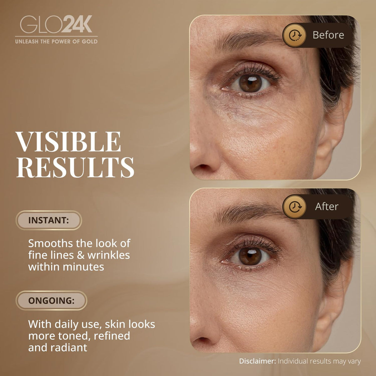 GLO24K being applied to jawline demonstrating lifting effect and contouring benefit