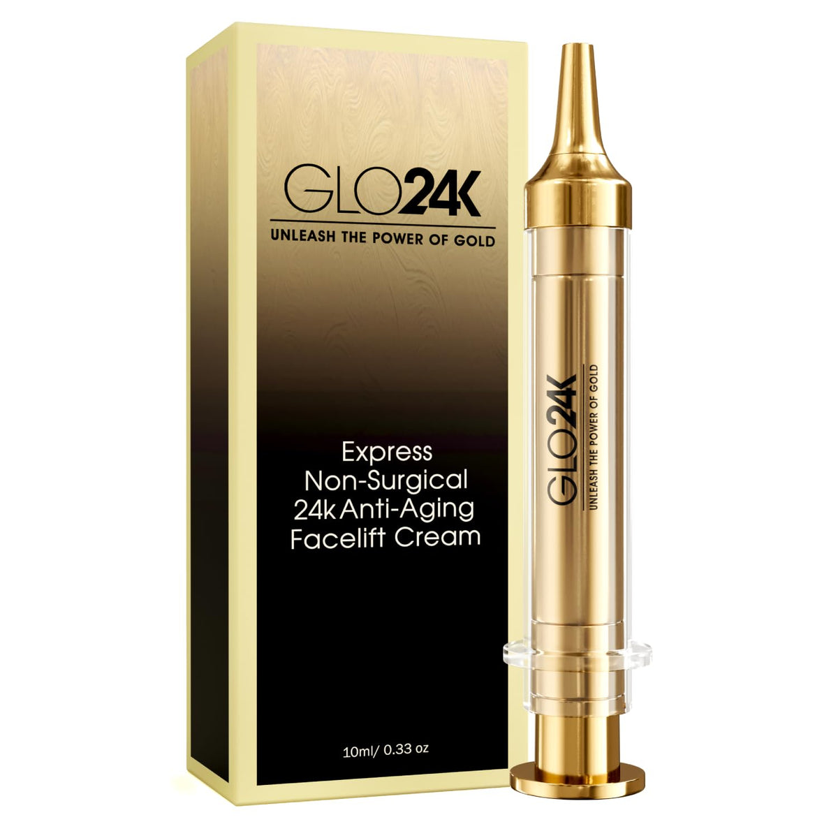 GLO24K front packaging showing product and gold accents, conveys premium quality
