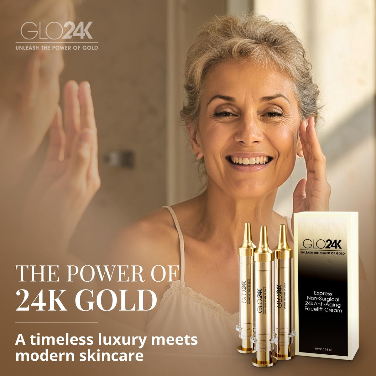 GLO24K ingredient label showing hyaluronic acid and peptides for skin support