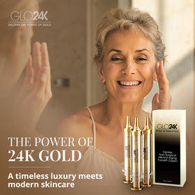 GLO24K ingredient label showing hyaluronic acid and peptides for skin support