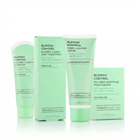Global Beauty Care front packaging showing the 4-piece blemish control set and benefits