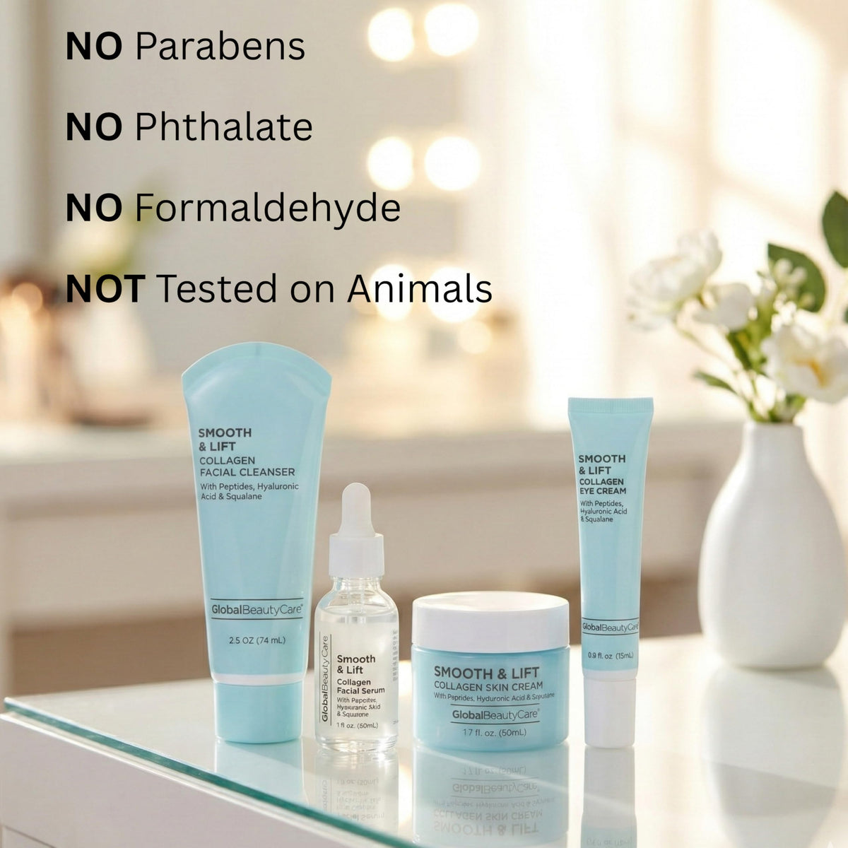 Global Beauty Care skincare set on bathroom counter illustrating daily use convenience