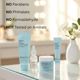 Global Beauty Care skincare set on bathroom counter illustrating daily use convenience