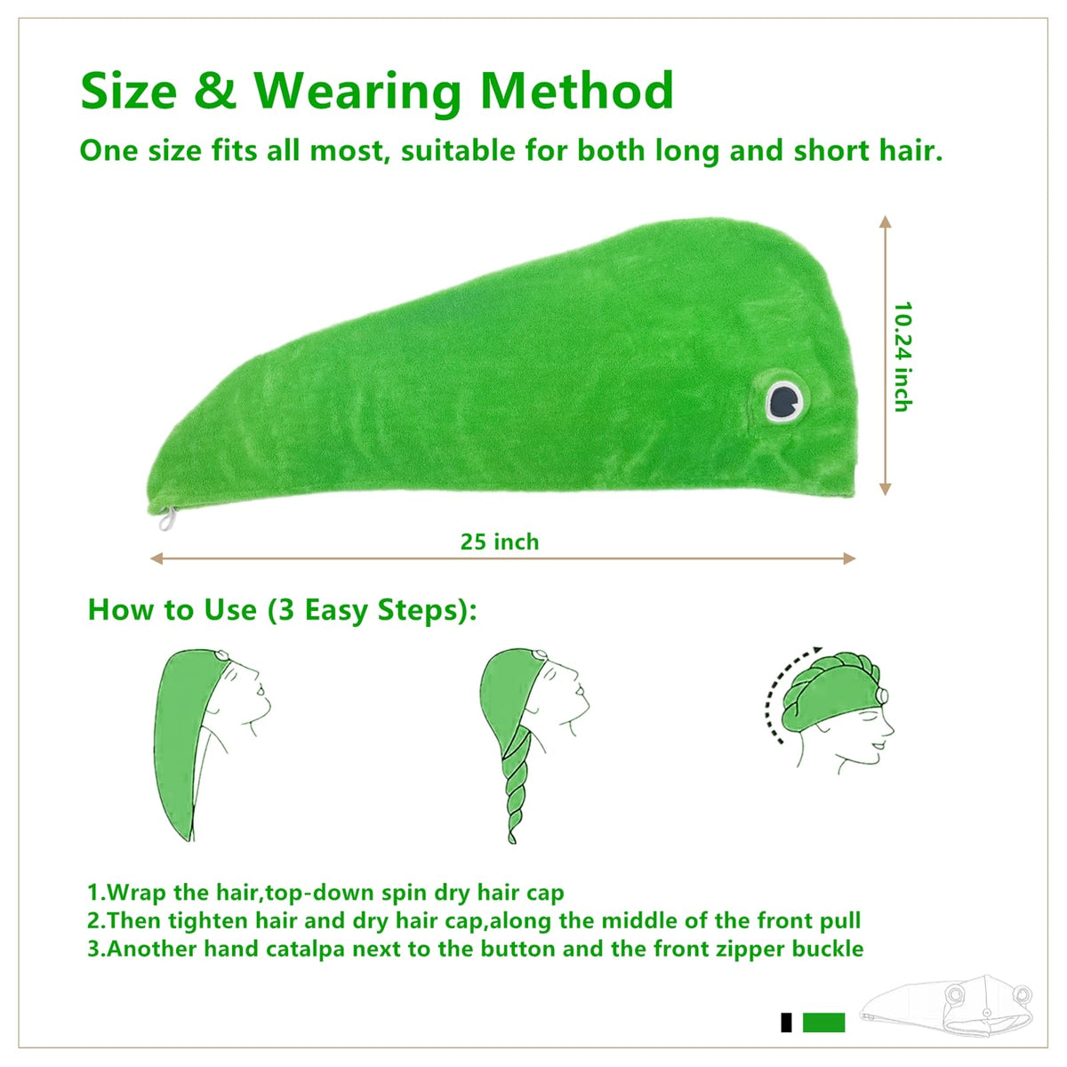 Globalnice frog turban worn in bathroom showing hands-free drying convenience