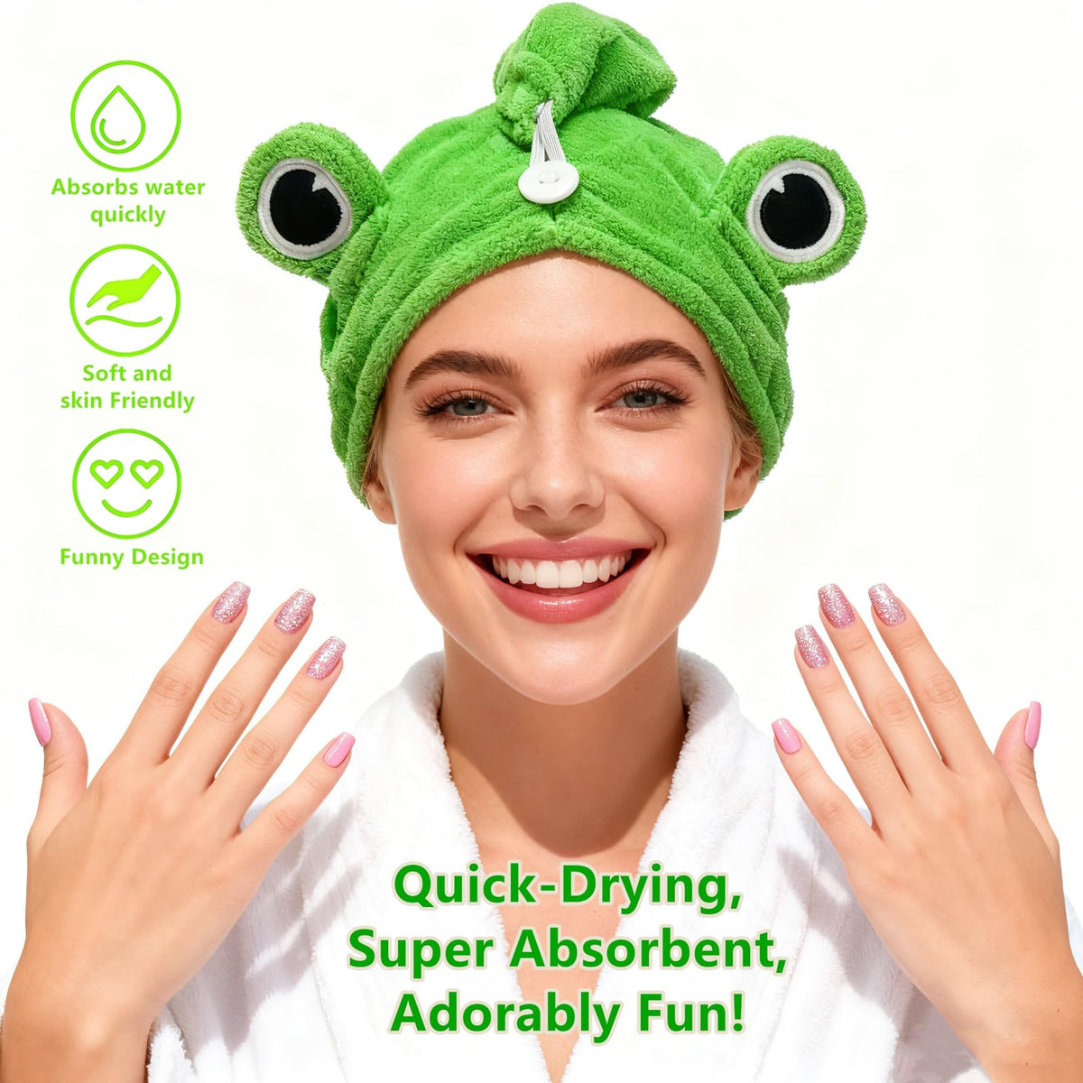 Globalnice frog turban next to hand for scale demonstrating roomy fit