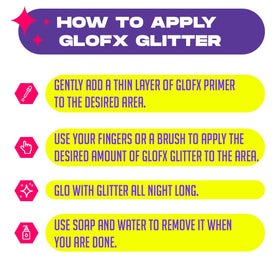 GloFX model at a rave wearing glitter across face and body demonstrating long-lasting glam