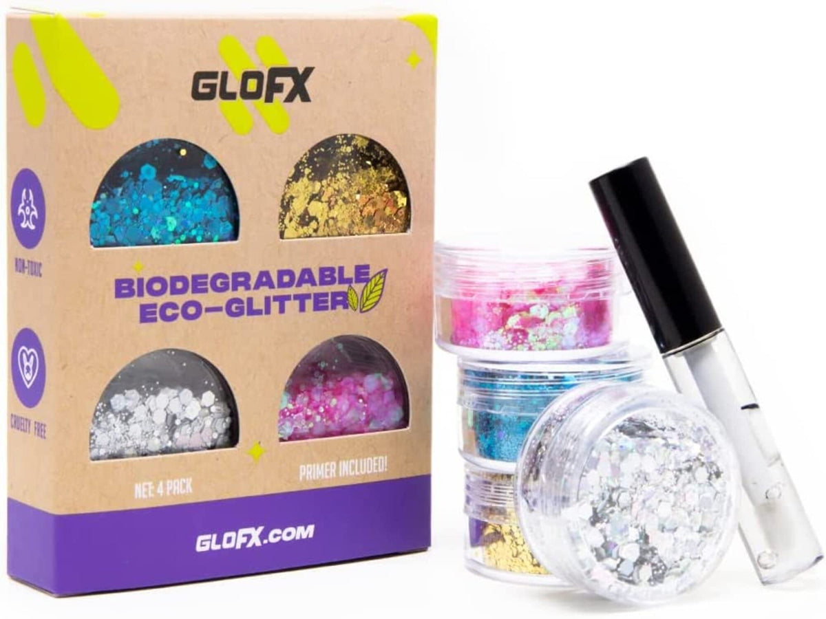 GloFX front packaging of four-color biodegradable glitter showing vibrant shades and brand