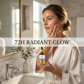 Gloramd on bathroom counter in morning routine, quick daily layering