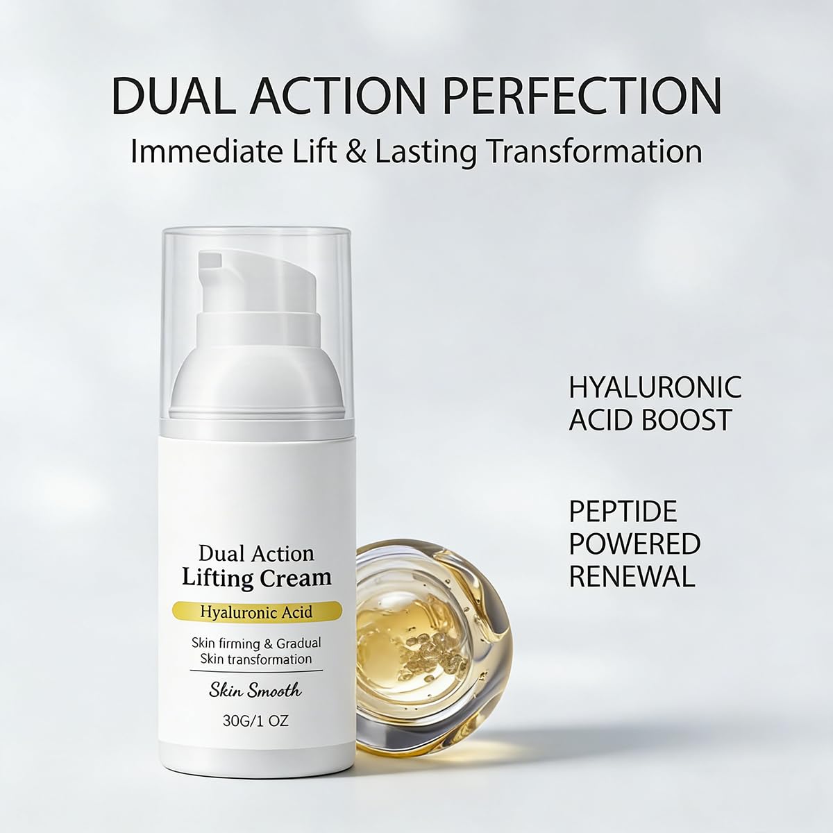 Gloramd Serum ingredient label close-up highlighting peptides and hyaluronic