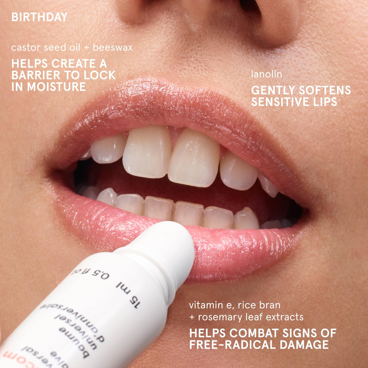 Glossier Balm Dotcom applied on lips demonstrating subtle shimmer and moisturized look