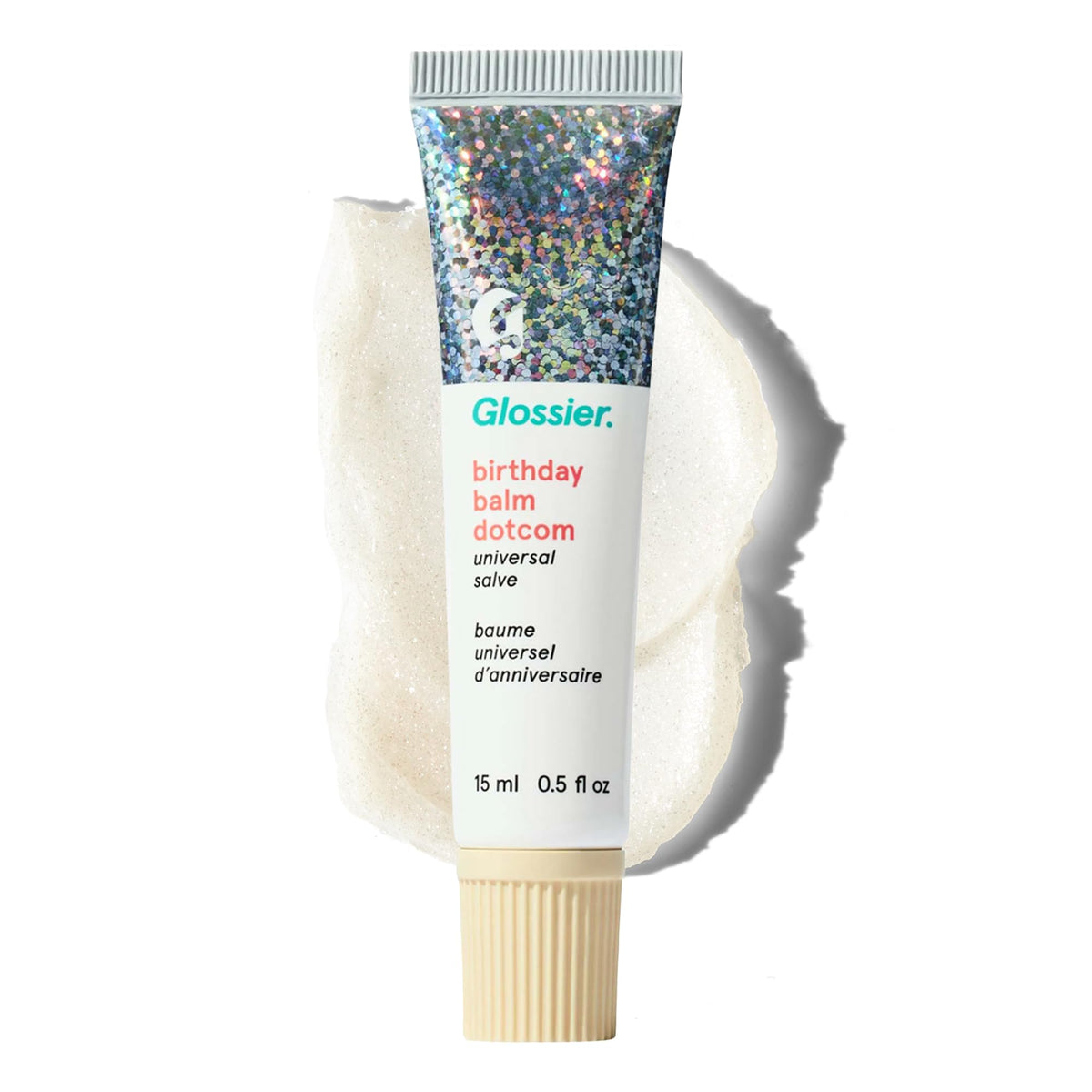 Glossier Balm Dotcom front packaging showing tube and branding benefit: quick hydration