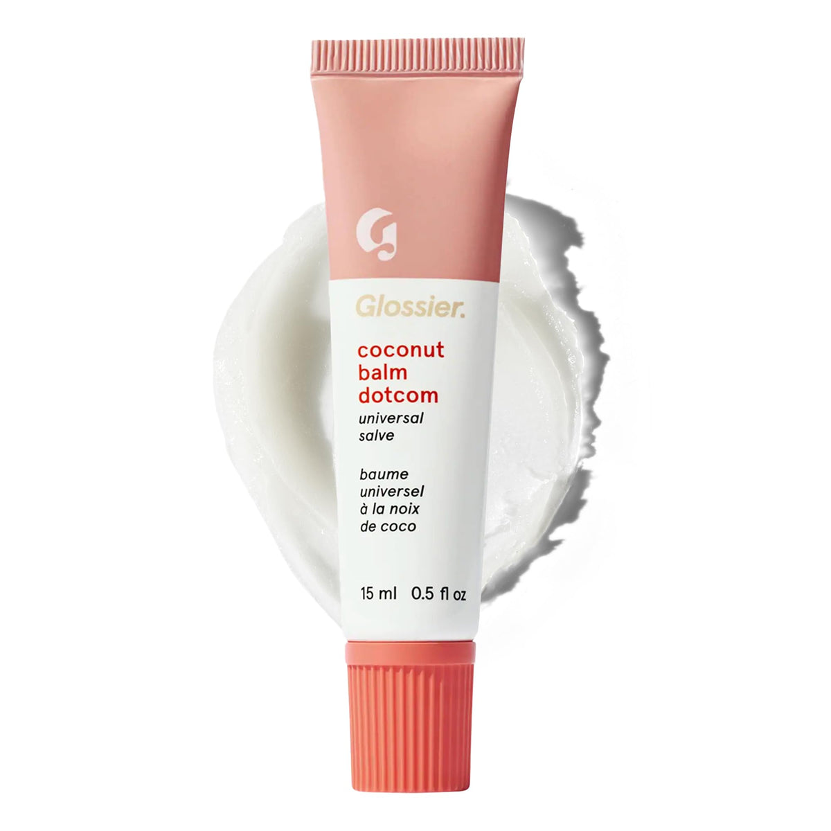 Glossier Balm Dotcom front packaging showing coconut tube and benefits