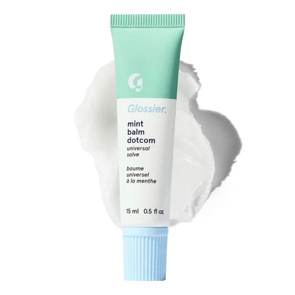 Glossier Balm Dotcom front packaging showing mint tube and brand benefit