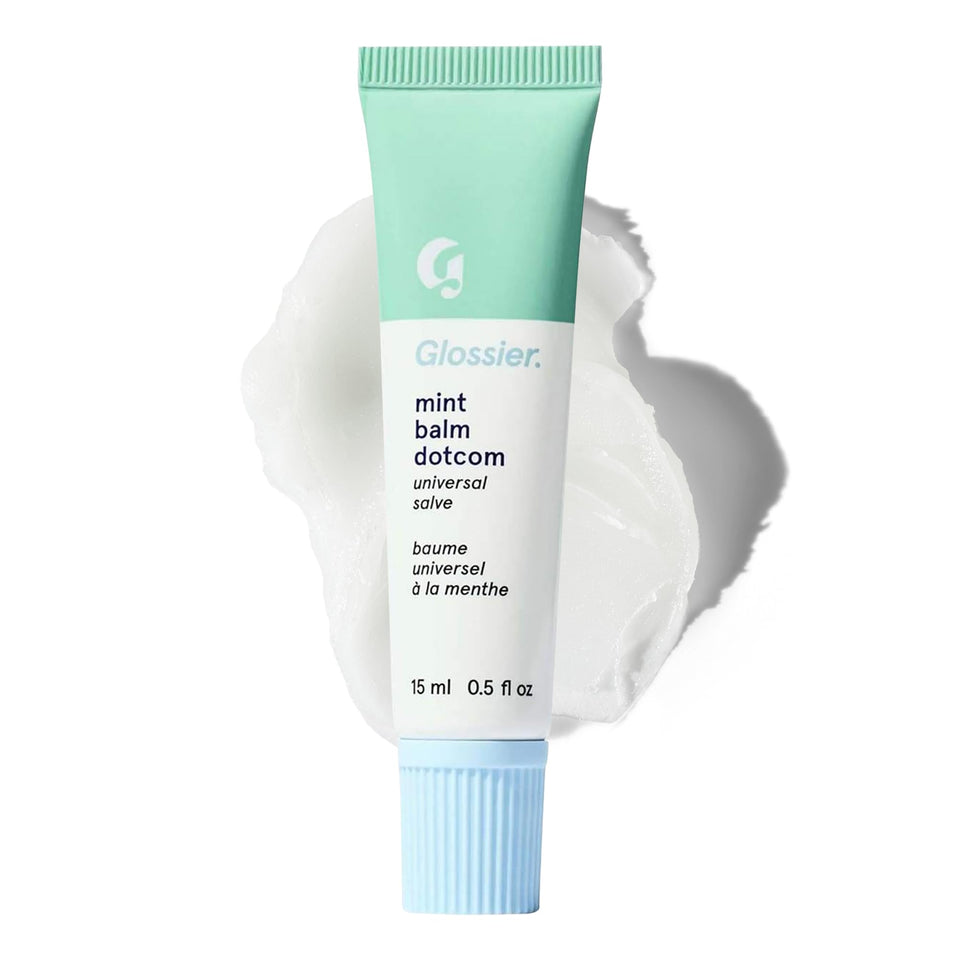 Glossier Balm Dotcom front packaging showing mint tube and brand benefit