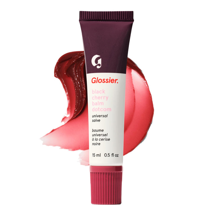 Glossier Balm Dotcom front packaging showing tube and burgundy tint benefit
