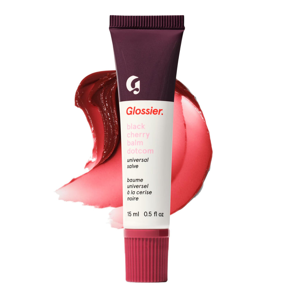 Glossier Balm Dotcom front packaging showing tube and burgundy tint benefit