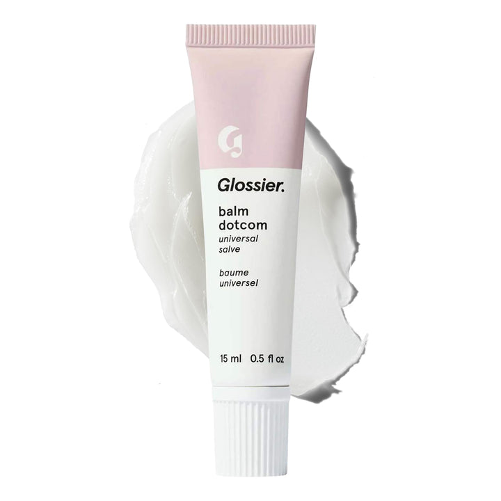 Glossier Balm Dotcom front packaging showing clear, fragrance‑free balm benefit