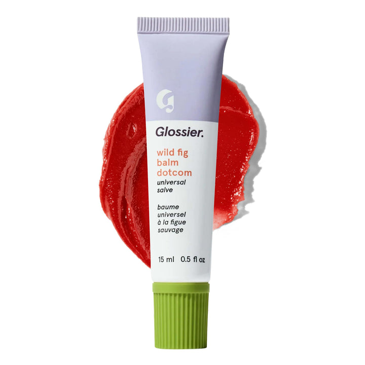 Glossier Balm Dotcom front tube showing coral-tinted balm and packaging benefits