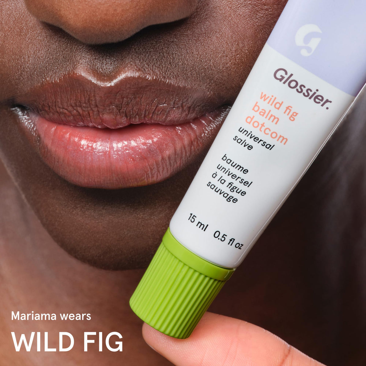 Glossier Balm Dotcom label close-up showing lanolin beeswax castor oil benefits