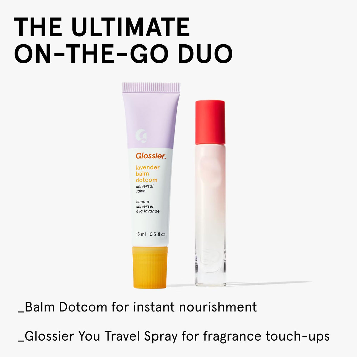 Glossier balm dotcom inside a tote with makeup items showing daily-stash convenience benefit