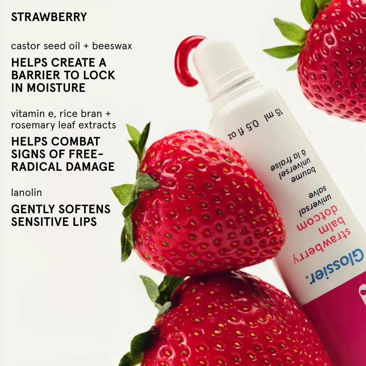 Glossier balm applied on lips displaying jammy pink tint and natural enhancement