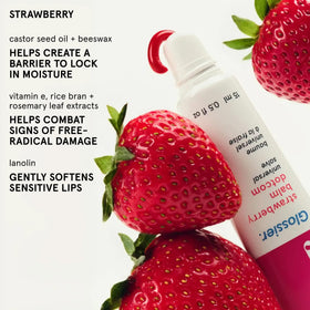 Glossier balm applied on lips displaying jammy pink tint and natural enhancement