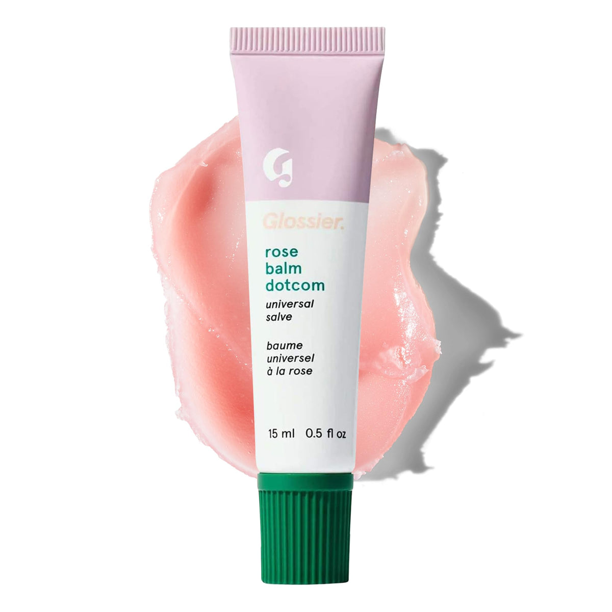 Glossier Balm Dotcom front tube showing Rose tint and compact design benefit