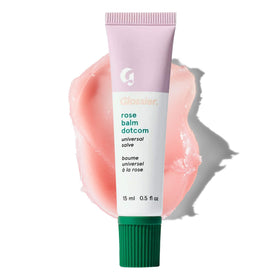 Glossier Balm Dotcom front tube showing Rose tint and compact design benefit