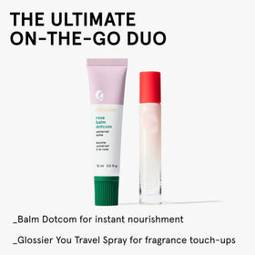 Glossier Balm Dotcom in a purse pocket showing portable care for touch-ups