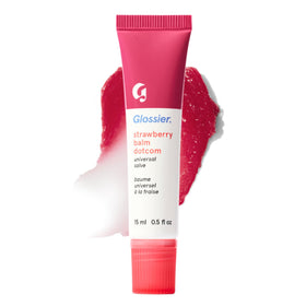 Glossier Balm Dotcom front packaging showing strawberry tint and 15ml size benefit