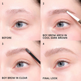 Glossier Boy Brow open tube showing creamy pomade texture and easy pickup