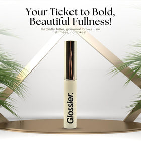 Glossier Boy Brow in a toiletry bag with mirror for on‑the‑go grooming
