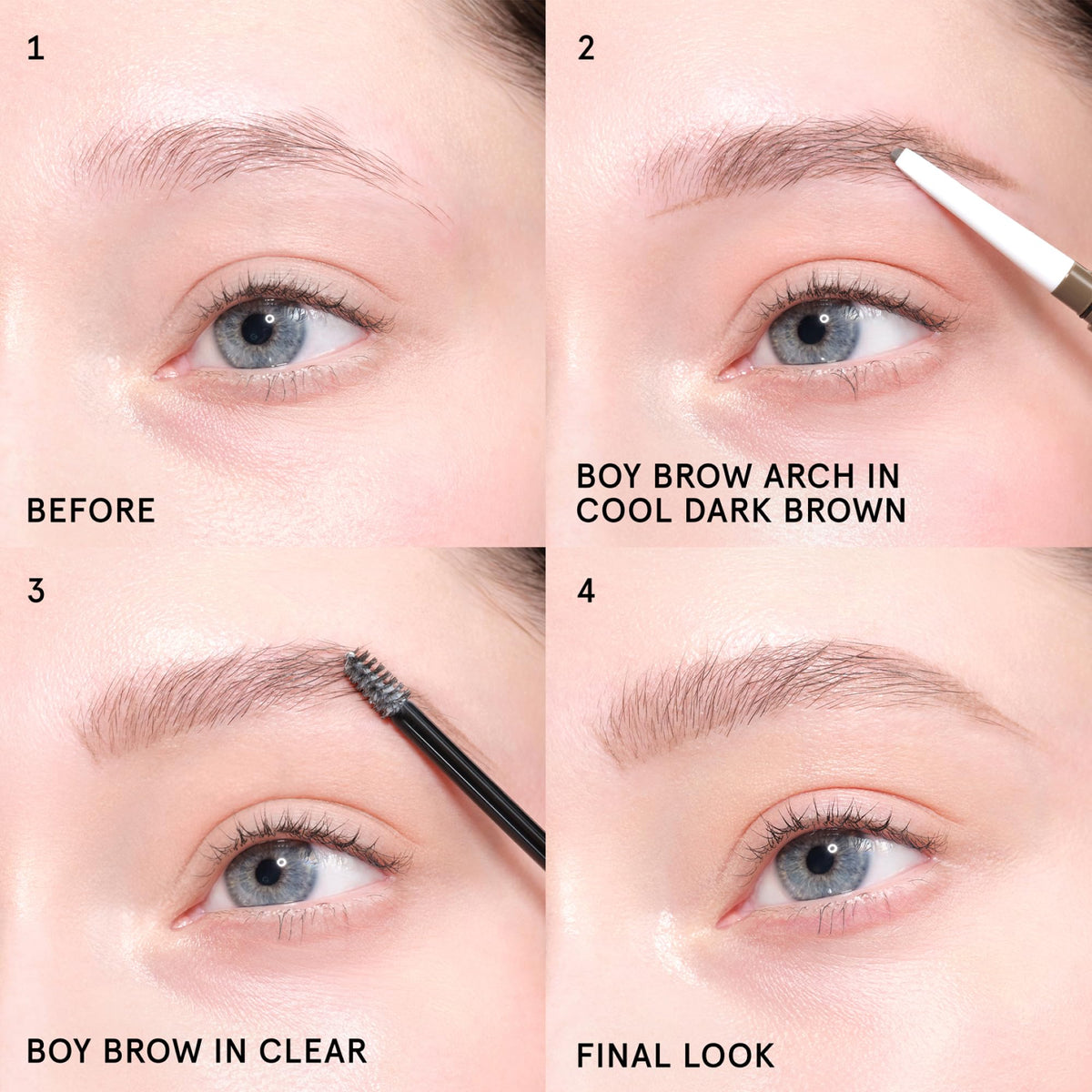 Glossier Boy Brow held in hand to show compact size and travel-friendly design