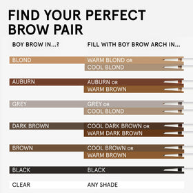 Glossier Boy Brow swatch row of shades showcasing color matching options